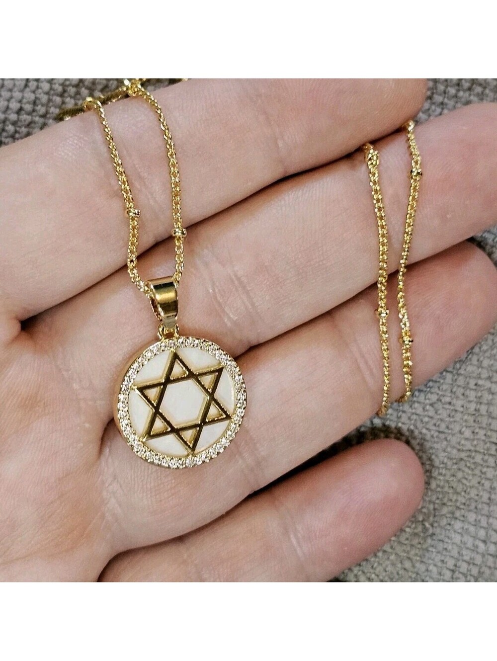 White Mother Of Pearl Magen David Star Pendant Necklace Gold-plated Gemstone CZ - Picture 3 of 3